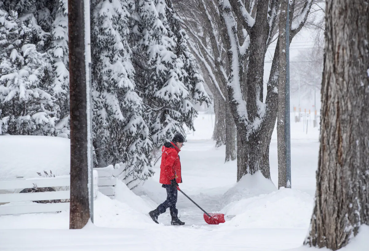 A person shovels after heavy snowfall in Edmonton on March 28, 2025. (The Canadian Press/Jason Franson)