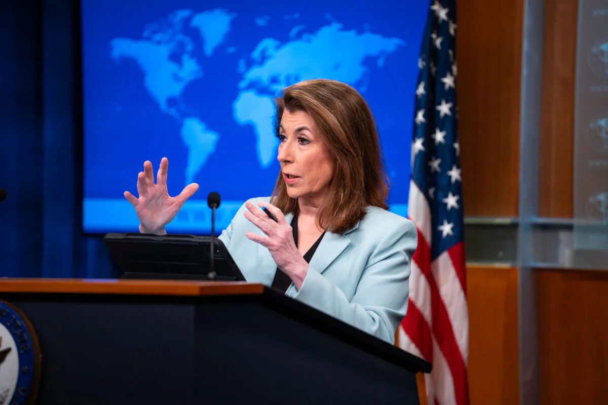 The U.S. Department of State spokeswoman Tammy Bruce speaks during a press briefing in Washington on March 28, 2025. (Madalina Vasiliu/The Epoch Times)
