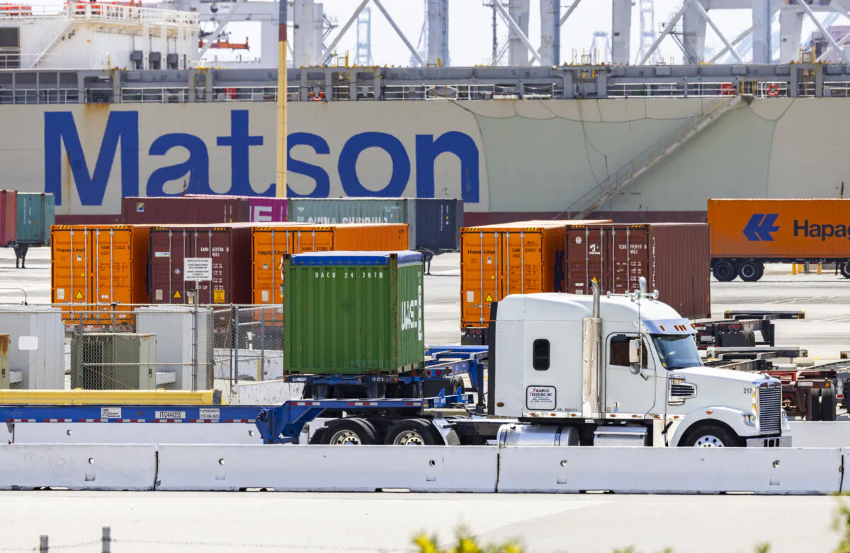 Shipping containers line the Port of Los Angeles on March 28, 2025. (John Fredricks/The Epoch Times)