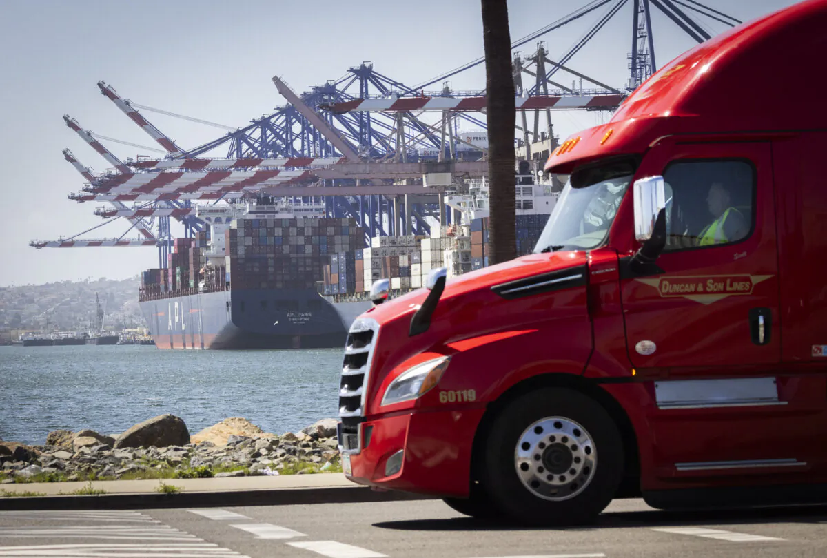 Truckers prepare to pick up shipping containers from the Port of Long Beach, Calif., on March 28, 2025. (John Fredricks/The Epoch Times)