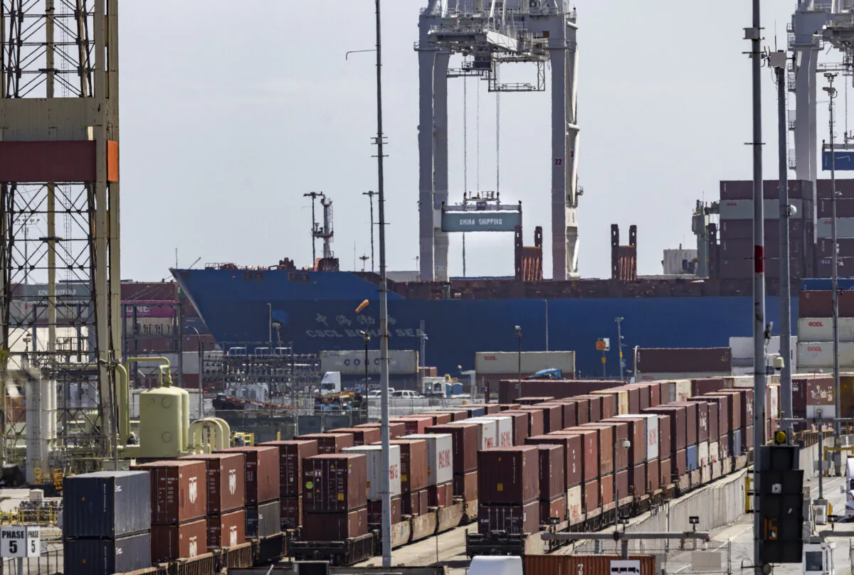 Shipping containers line the Port of Long Beach, Calif., on March 28, 2025. (John Fredricks/The Epoch Times)