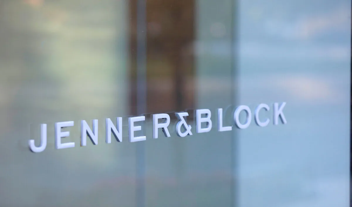 Signage outside of the law firm Jenner & Block LLP in Washington on Aug. 30, 2020. (Andrew Kelly/Reuters)