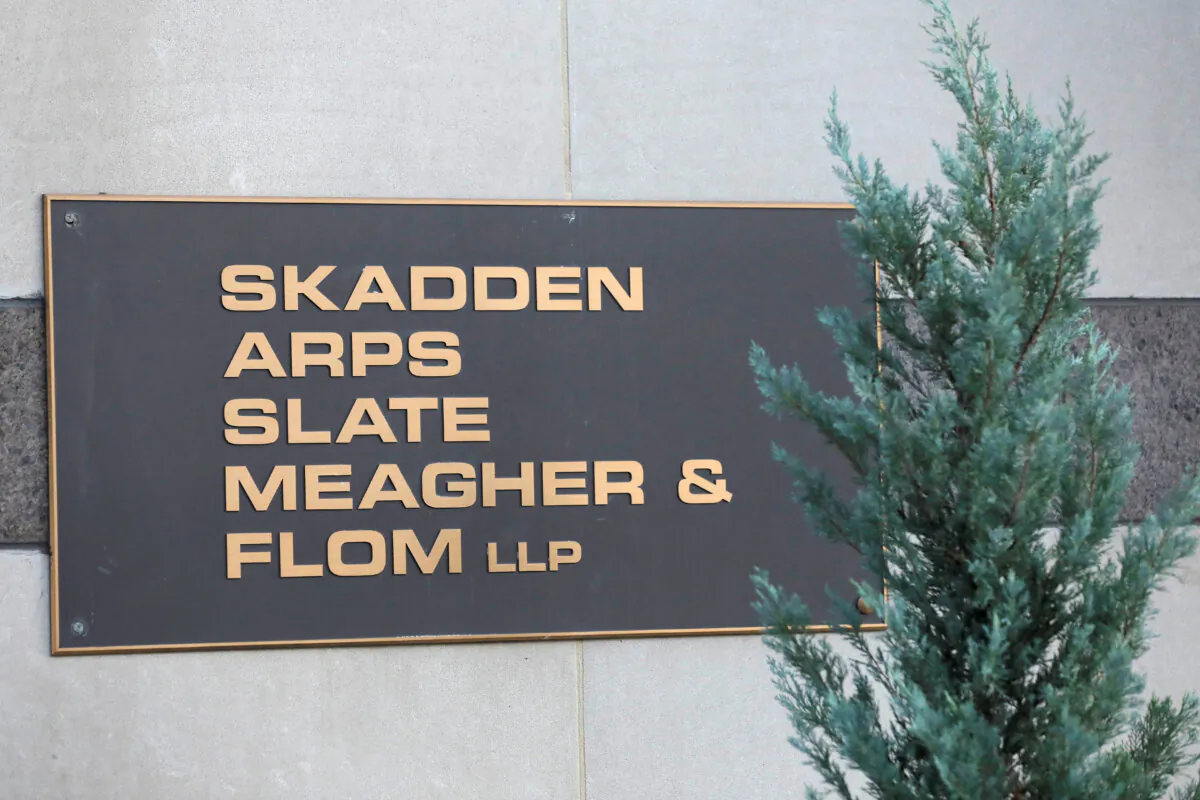Signage outside of the law firm Skadden, Arps, Slate, Meagher & Flom LLP in Washington on Aug. 30, 2020. (Andrew Kelly/Reuters)