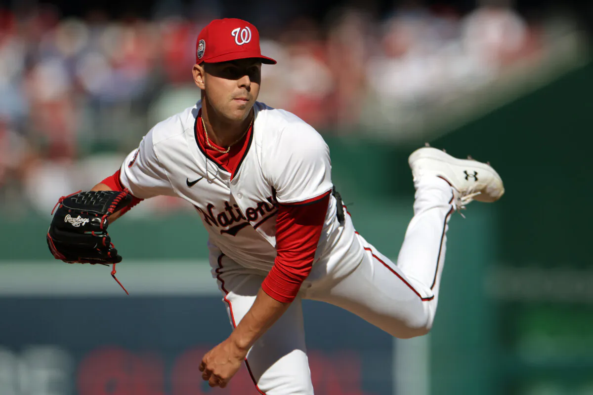 MacKenzie Gore #1 of the Washington Nationals throws a pitch in the second inning against the Philadelphia Phillies on Opening Day at Nationals Park in Washington on March 27, 2025. (Samuel Corum/Getty Images)