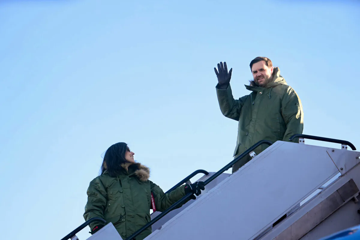 Vice President JD Vance and Second Lady Usha Vance arrive at the U.S. Military's Pituffik Space Base in Greenland, on March 28, 2025. (Jim Watson/Pool/Getty Images)