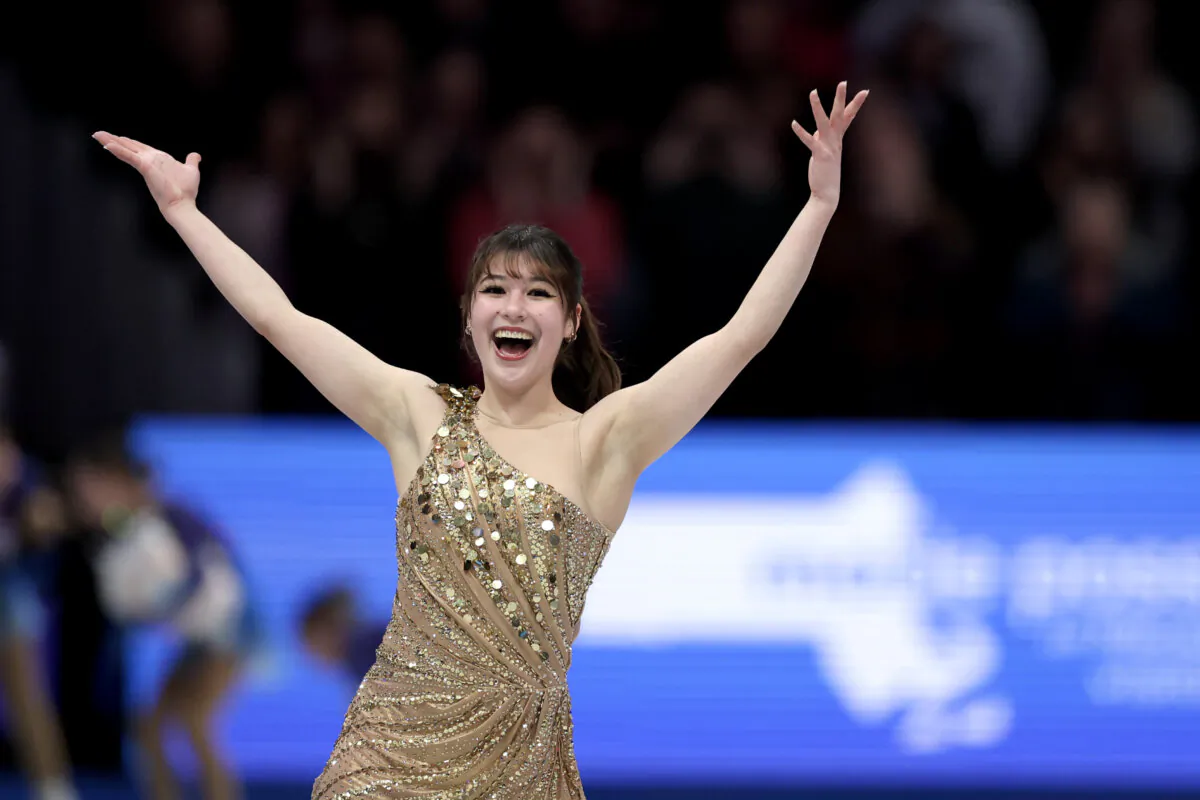 Alysa Liu of the United States reacts after her routine in Women's Free Skating during the 2025 ISU World Figure Skating Championships at TD Garden in Boston on March 28, 2025. (Maddie Meyer/Getty Images)