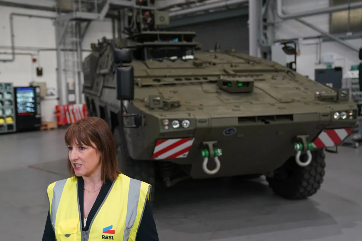 Chancellor of the Exchequer Rachel Reeves speaks to media during a visit to Rheinmetall BAE Systems Land in Telford, England, on March 24, 2025. (Jacob King - WPA Pool/Getty Images)