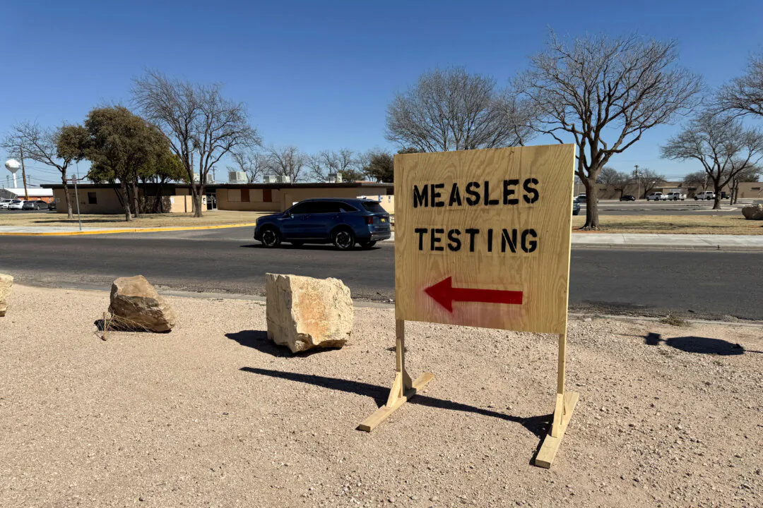 A sign reading 'measles testing' in Seminole, Texas, on Feb. 25, 2025. (Sebastian Rocandio/Reuters)