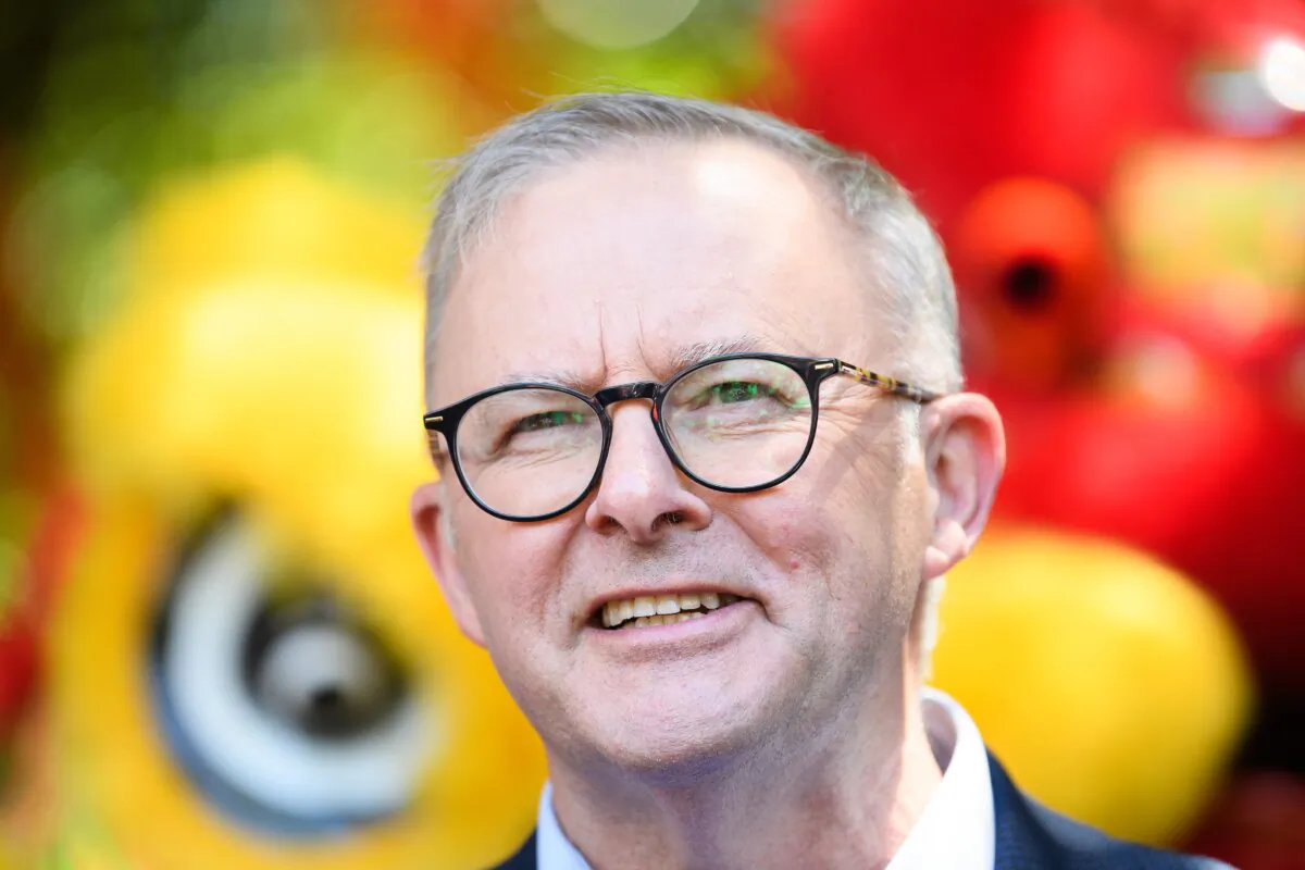 Prime Minister Anthony Albanese speaks to the media at a doorstop during Lunar New Year celebrations at Eastwood Plaza in Sydney, Australia on Feb. 4, 2023. (AAP Image/Bianca De Marchi)