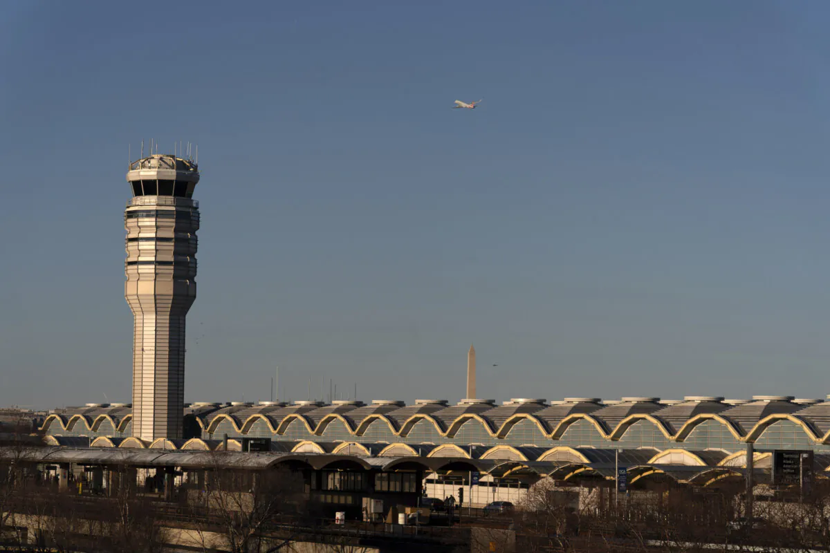 The air traffic control tower at Ronald Reagan Washington National Airport in Arlington, Va., on Feb. 1, 2025. (Jose Luis Magana/AP Photo)