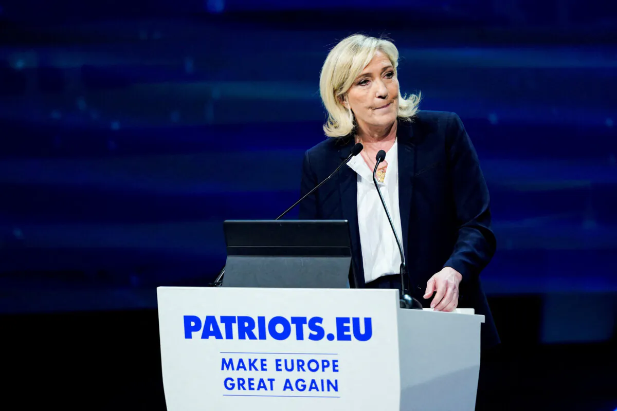 Marine Le Pen, president of the National Rally (Rassemblement National - RN) party parliamentary group speaks at the Spanish party VOX rally, in Madrid, Spain, on Feb. 8, 2025. (Reuters/Ana Beltran)