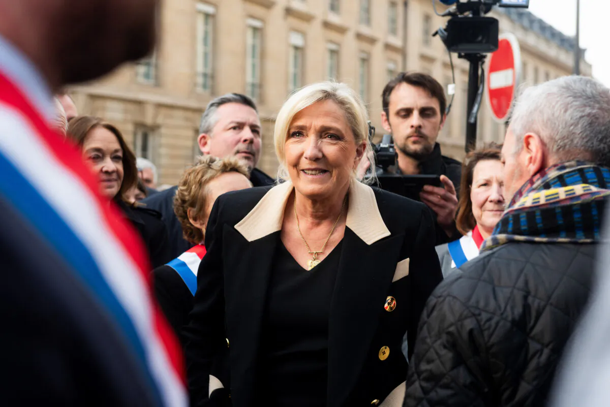 Marine Le Pen and the Rassemblement National deputies during a gathering in support of detained Franco-Algerian writer Boualem Sansal, at the initiative of his support committee, in Paris, on March 25, 2025. (Magali Cohen/Hans Lucas/AFP via Getty Images)
