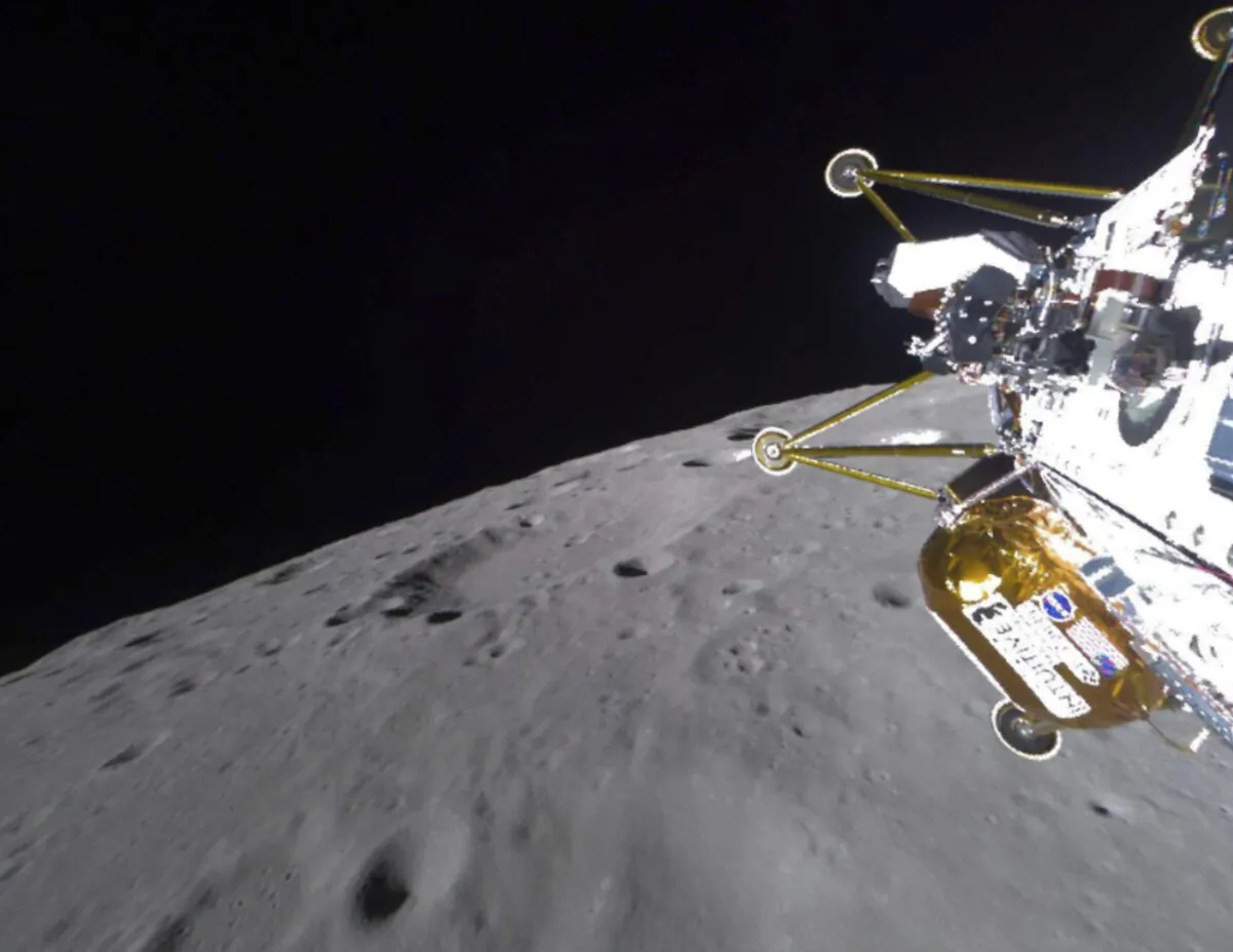 This photo provided by NASA shows the Intuitive Machines' Athena lander approaching the surface of the moon on March 6, 2025. (NASA via AP)