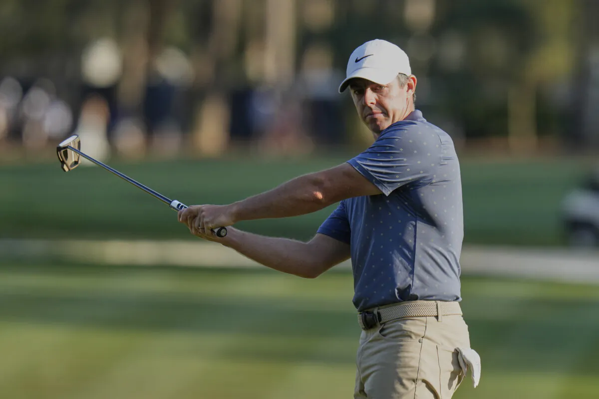 Rory McIlroy reacts after missing his birdie putt on the 15th hole during the third round of The Players Championship golf tournament in Ponte Vedra Beach, Fla., on March 15, 2025. (AP Photo/Chris O'Meara)