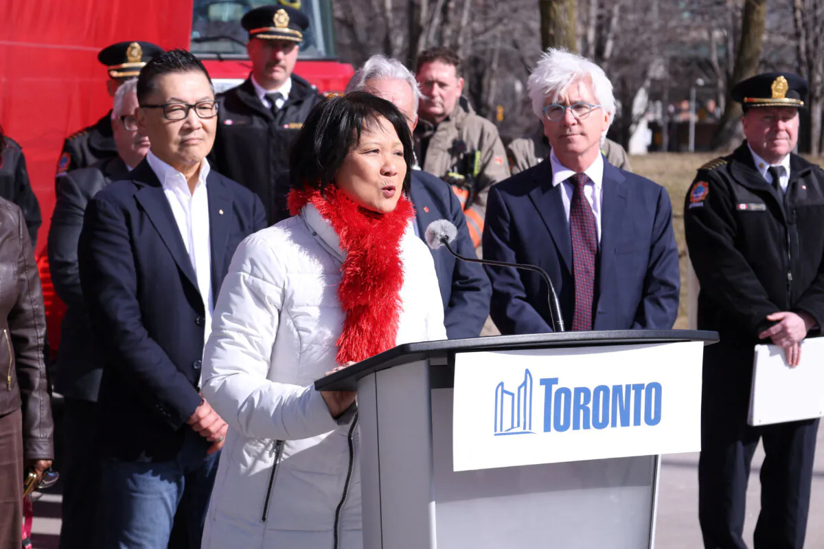 Toronto Mayor Olivia Chow speaks to reporters at a news conference outside a fire station in Toronto, Ontario, Canada, on March 17, 2025. (Wa Lone/Reuters)