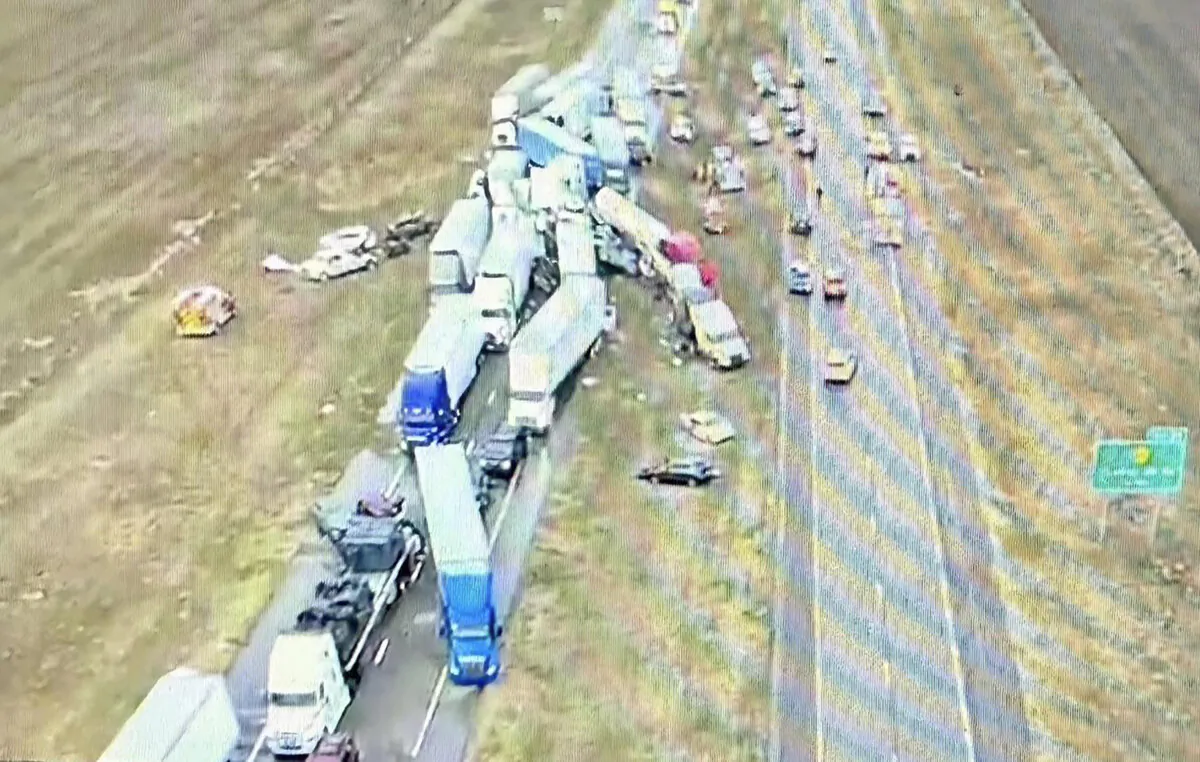 The aftermath of a pileup on Interstate 70 near Goodland, Kan., caused by a dust storm and involving more than 70 vehicles, on March 14, 2025. (Kansas Highway Patrol via AP)
