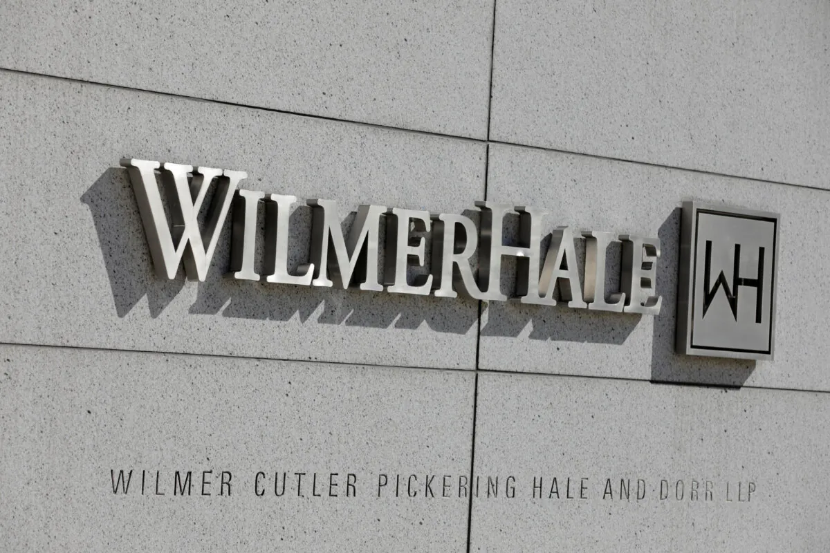 Signage outside of the law firm WilmerHale in Washington on Aug. 30, 2020. (Andrew Kelly/Reuters)