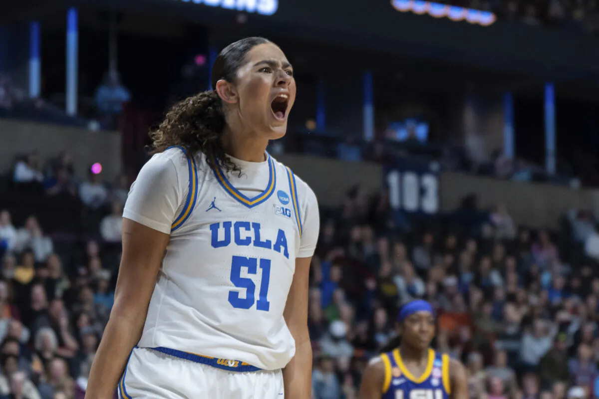 UCLA center Lauren Betts reacts during a game against LSU in the Elite Eight of the NCAA college basketball tournament in Spokane, Wash., on March 30, 2025. (Jenny Kane/AP Photo)