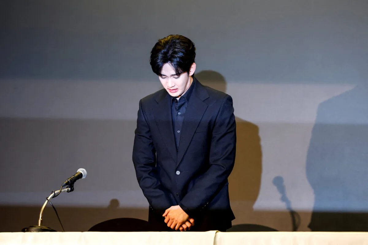 South Korean actor Kim Soo-hyun, embroiled in controversy over his relationship with actress Kim Sae-ron, who was found dead in February, reacts during a press conference in Seoul, South Korea, on March 31, 2025. (Kim Soo-hyeon/Reuters)