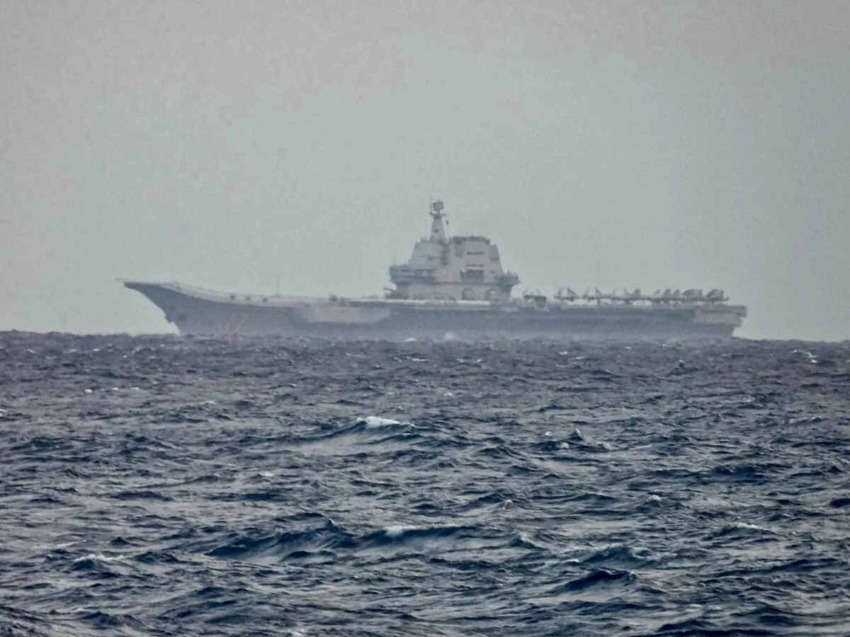 China’s Shandong aircraft carrier is seen sailing near Taiwan on on March 31, 2025. (Taiwan Ministry of National Defense via AP)