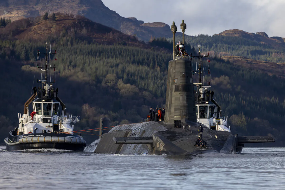 Undated handout photo provided by the Ministry of Defence of Vanguard class nuclear submarine HMS Vengeance in Gare Loch, after departing HM Naval Base Clyde in Faslane, Scotland, to go on sea trials on Feb. 24, 2025. (Barry Wheeler/Ministry of Defence/PA)