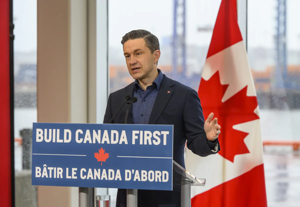 Conservative Leader Pierre Poilievre speaks at a news conference in Saint John, N.B, on March 31, 2025. (The Canadian Press/Michael Hawkins)