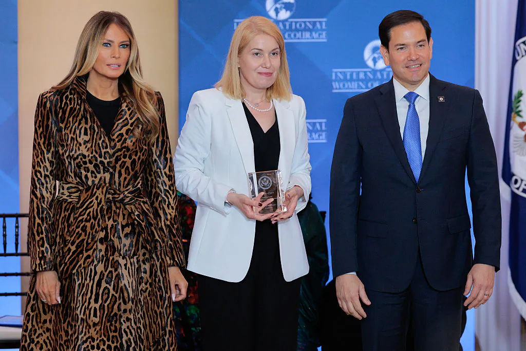 U.S. first lady Melania Trump (L) and Secretary of State Marco Rubio pose with International Women of Courage Award recipient Georgiana Pascu of Romania during a ceremony in the Ben Franklin Room at the State Department's Harry S. Truman headquarters in Washington on April 1, 2025. Pascu is an advocate for institutionalized children and adults with psychosocial and intellectual disabilities in Romania. (Chip Somodevilla/Getty Images)