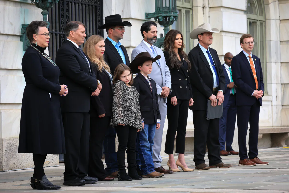Members of the Maude family attend a press conference outside the Department of Agriculture in Washington on April 30, 2025. (Win McNamee/Getty Images)