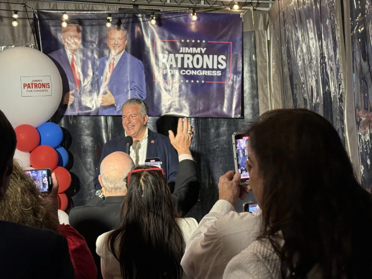 Jimmy Patronis celebrates his special election victory in Pensacola, Flordia, on April 1, 2025. (T.J. Muscaro/The Epoch Times).