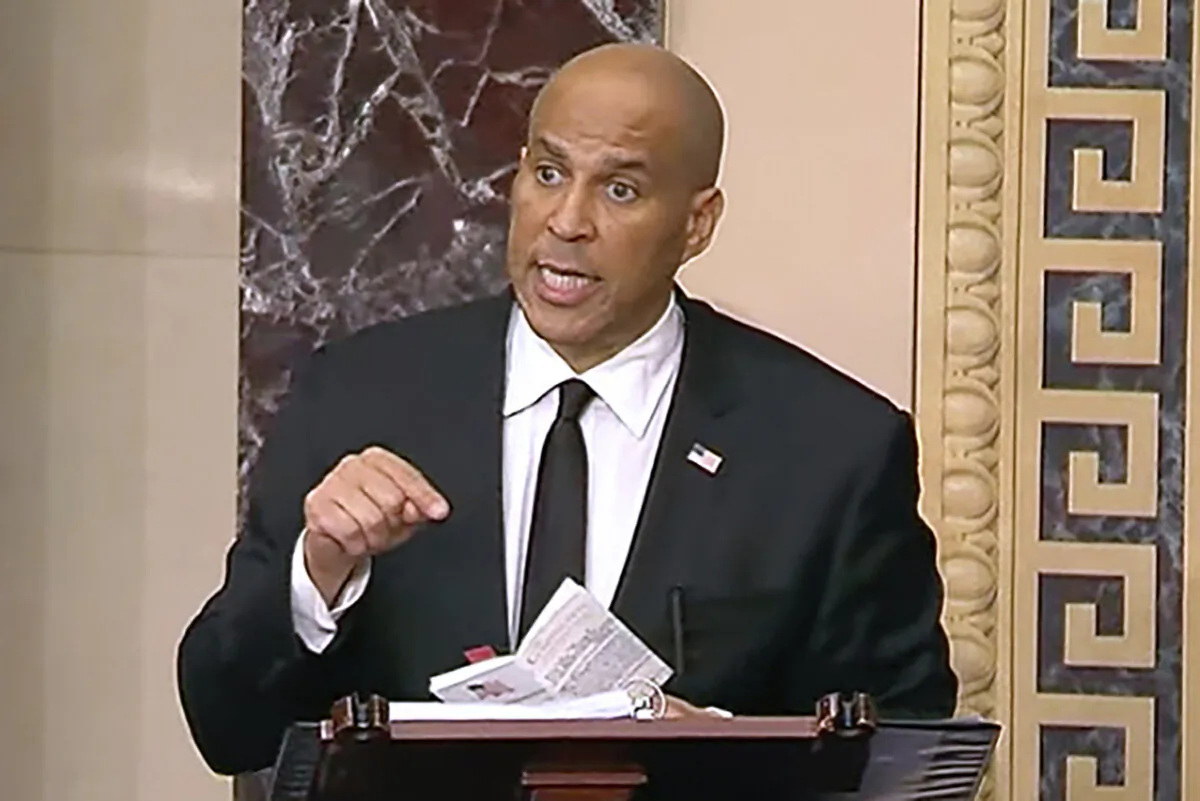 In this image provided by Senate Television, Sen, Cory Booker (D-N.J. speaks on the Senate floor, Tuesday morning, April 1, 2025. (Senate Television via AP)