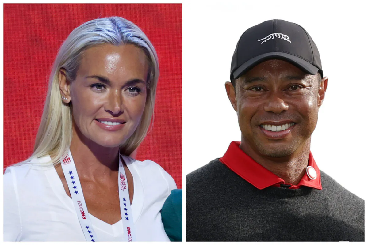 (Left) Vanessa Trump stands on stage before the start of the third day of the Republican National Convention at the Fiserv Forum in Milwaukee, Wis., on July 17, 2024. (Right) Tiger Woods (L) at Torrey Pines Golf Course in La Jolla, Calif., on Feb. 16, 2025. (Chip Somodevilla, Harry How/Getty Images)