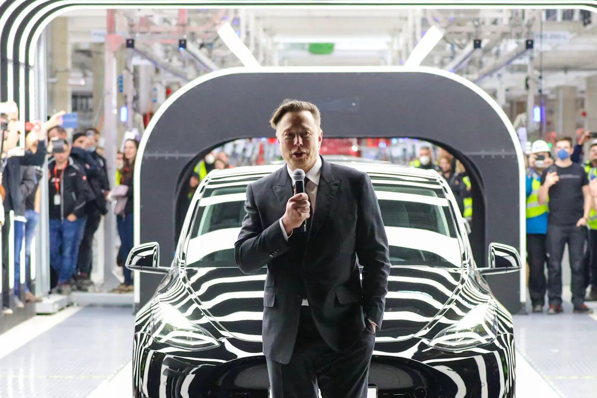 Tesla CEO Elon Musk speaks during the official opening of the new Tesla electric car manufacturing plant near Gruenheide, Germany, on March 22, 2022. (Christian Marquardt/Getty Images)