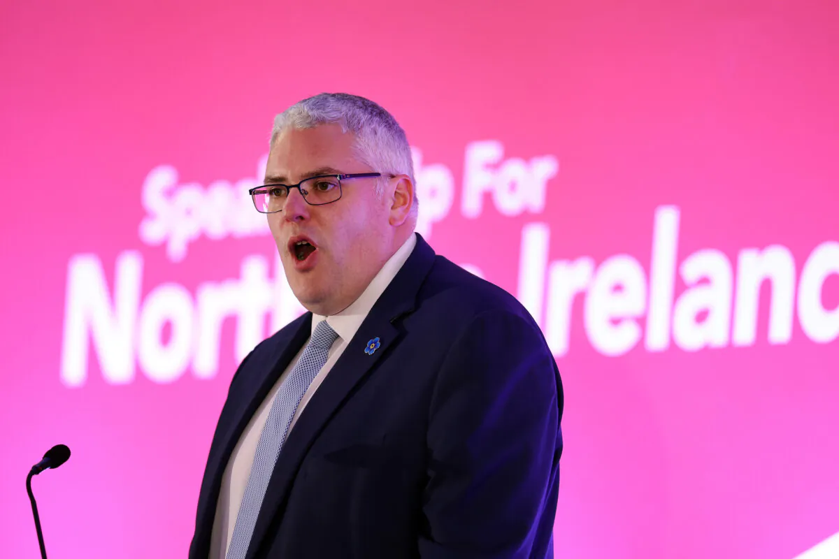 DUP leader Gavin Robinson gives his first speech as party leader at conference during the annual Democratic Unionist Party conference at Park Plaza hotel in Belfast, Northern Ireland, on Sept. 21, 2024. (Charles McQuillan/Getty Images)