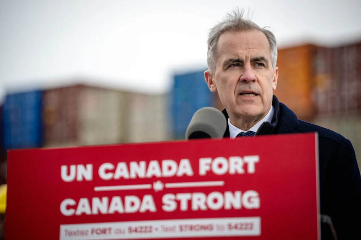 Canadian Prime Minister Mark Carney speaks at a press conference at the Port of Montreal in Montreal, on March 28, 2025. (Photo by ANDREJ IVANOV/AFP via Getty Images)