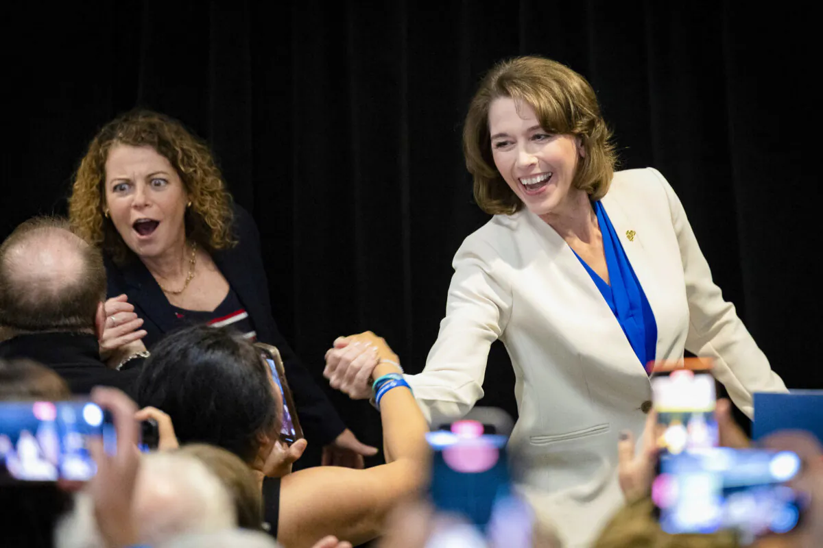 Dane County Circuit Court Judge Susan Crawford (R) greets supporters after her victory in the race for Wisconsin Supreme Court justice during an election night event in Madison, Wis., on April 1, 2025. (Scott Olson/Getty Images)