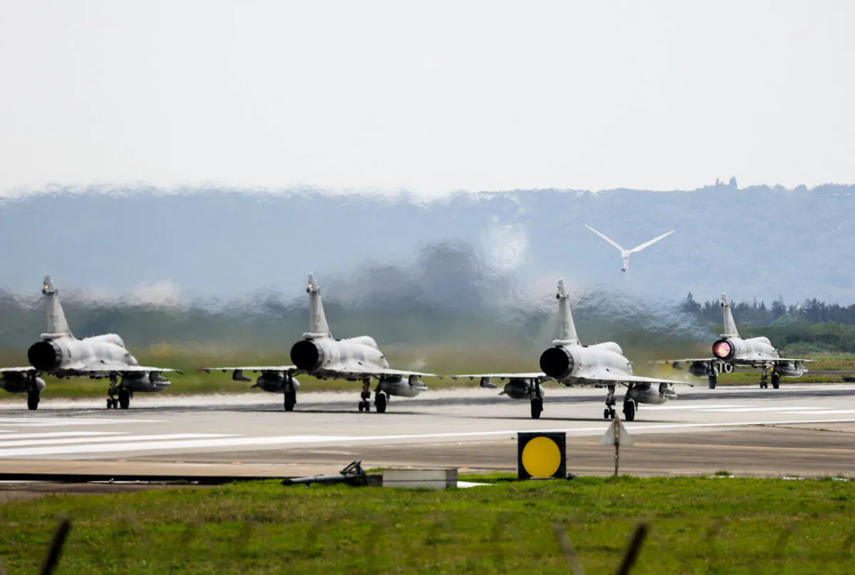 Four Taiwan Air Force Mirage 2000 fighter jets prepare to take off from Hsinchu Air Base in Hsinchu, Taiwan, on April 2, 2025. (I-Hwa Cheng/AFP via Getty Images)