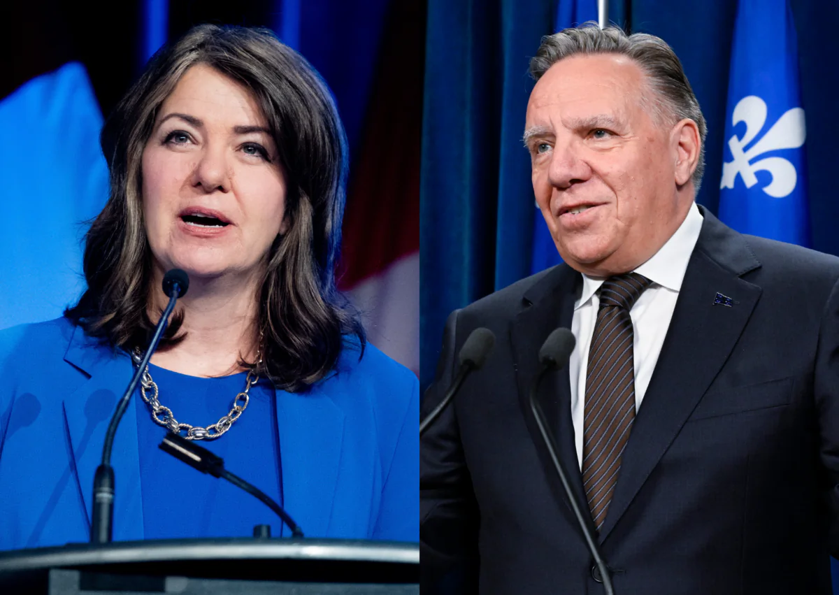 Alberta Premier Danielle Smith delivers a speech at an event in Ottawa on April 12, 2024. (The Canadian Press/Spencer Colby); (Right) Quebec Premier Francois Legault speaks at a news conference in Quebec City on Sept. 12, 2024. (The Canadian Press/Jacques Boissinot)