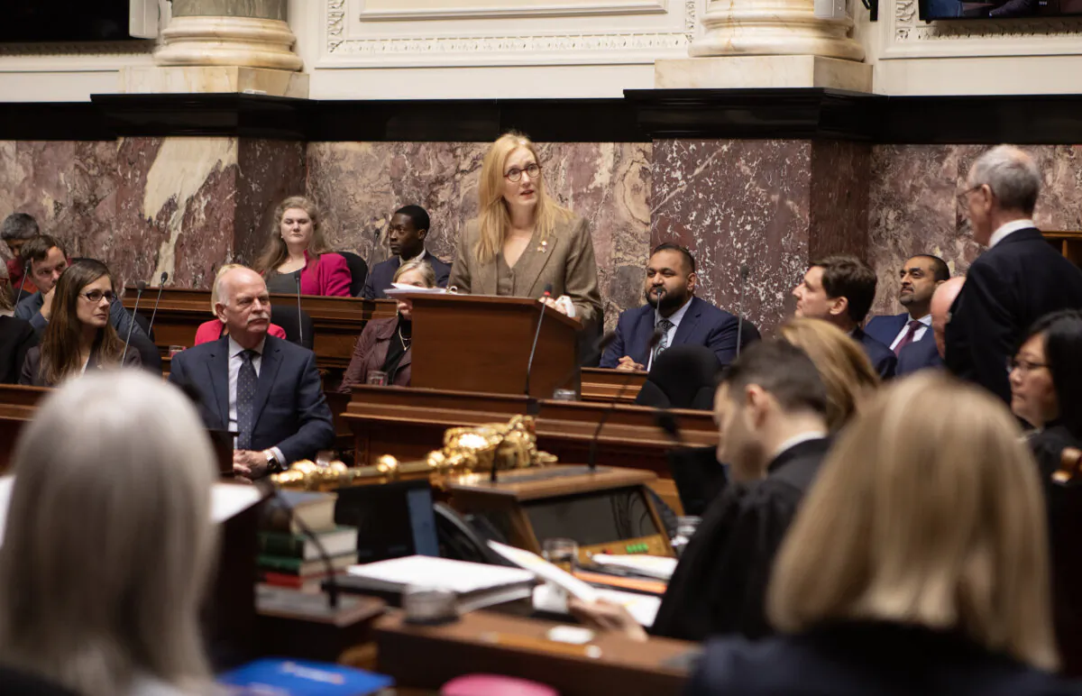 Minister of Finance Brenda Bailey tables her first budget in the legislative assembly at legislature in Victoria, on March 4, 2025. (The Canadian Press/Chad Hipolito)