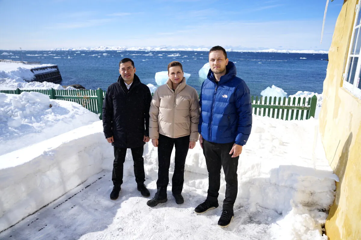 Denmark's Prime Minister Mette Frederiksen (C) poses with Greenland's acting Head of Government, Mute Bourup Egede (L) and the newly elected head of government Jens-Frederik Nielsen in Nuuk, Greenland, on April 2, 2025. (Mads Claus Rasmussen/Ritzau Scanpix/AFP via Getty Images)