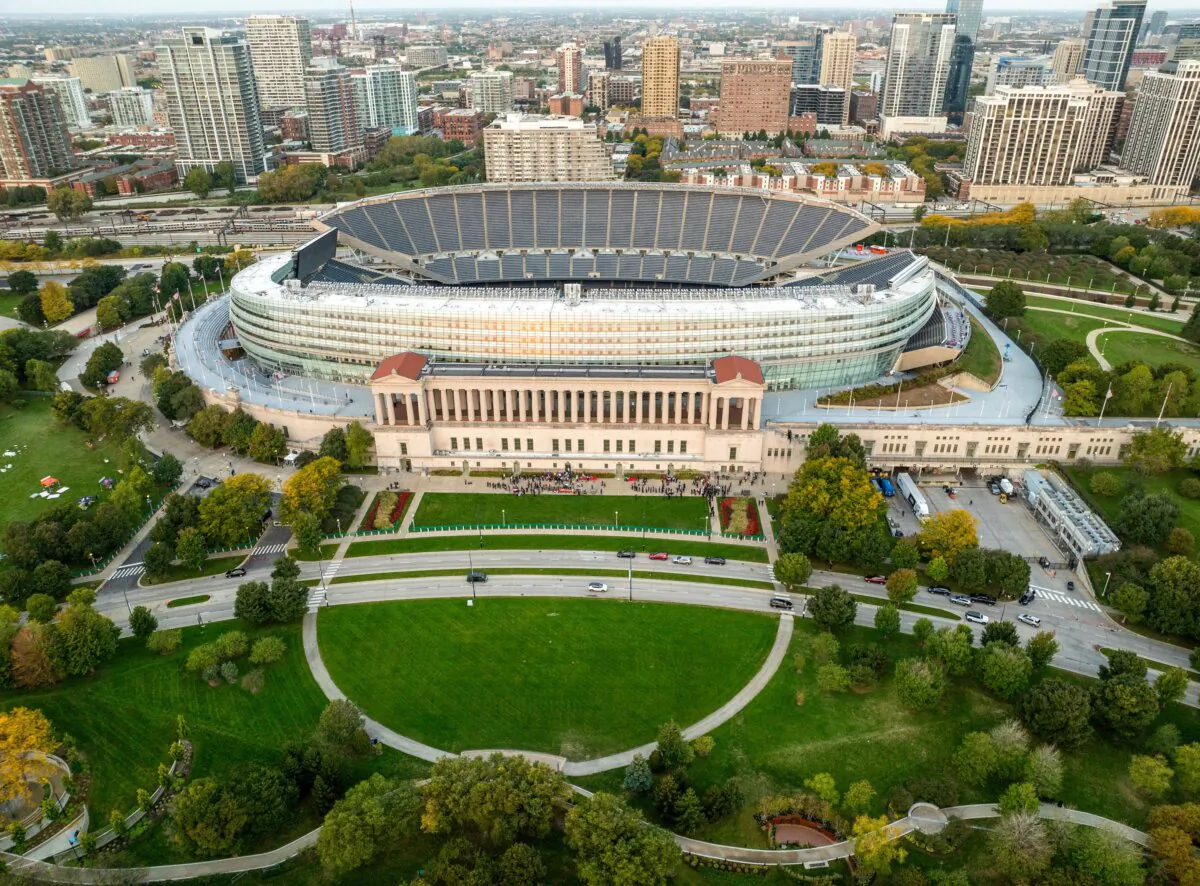In this aerial view, Soldier Field is seen before the Carolina Panthers play the Chicago Bears on Oct. 06, 2024 in Chicago. (Photo by Quinn Harris/Getty Images)
