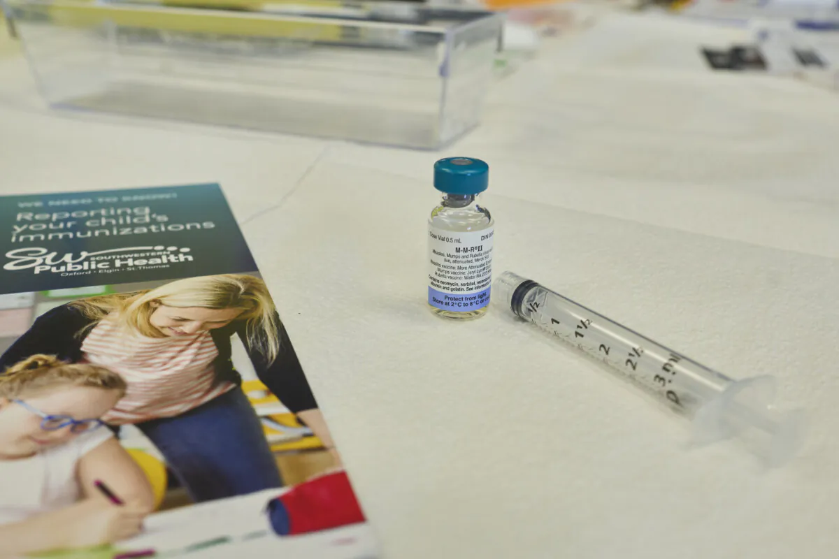 A dose of the measles, mumps, and rubella (MMR) vaccination awaits the next patient during a vaccine clinic at Southwestern Public Health in St. Thomas, Ont., on March 4, 2025. (The Canadian Press/Geoff Robins)