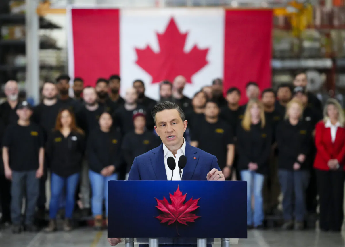 Conservative Leader Pierre Poilievre visits Cancoil, a manufacturer of commercial refrigeration products, to hold a press conference in Kingston, Ont., on April 3, 2025. (The Canadian Press/Sean Kilpatrick)