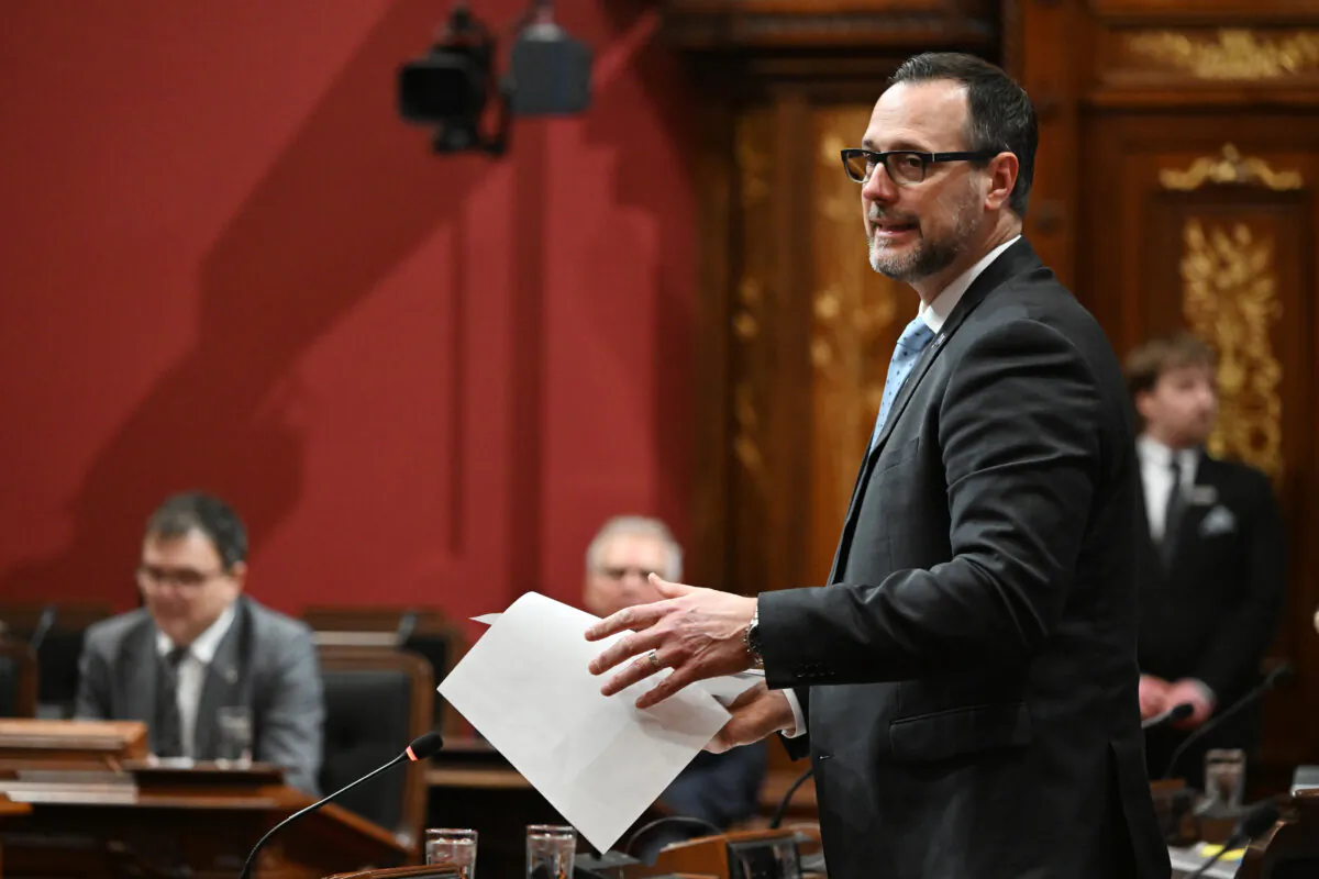 Quebec Minister Responsible for Democratic Institutions Jean-François Roberge tables a legislation on elections at the legislature in Quebec City, on April 3, 2025. (The Canadian Press/Jacques Boissinot) 