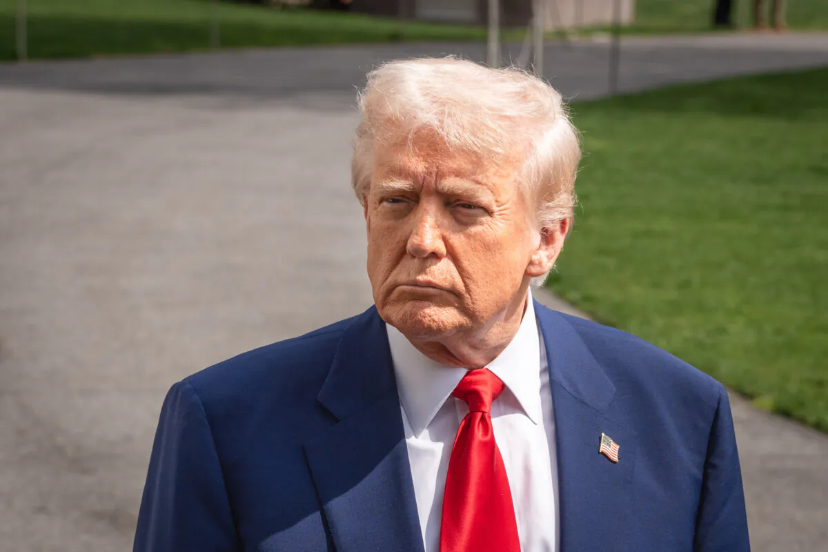 President Donald Trump speaks to reporters as he departs the White House in Washington on April 3, 2025. (Madalina Vasiliu/The Epoch Times)