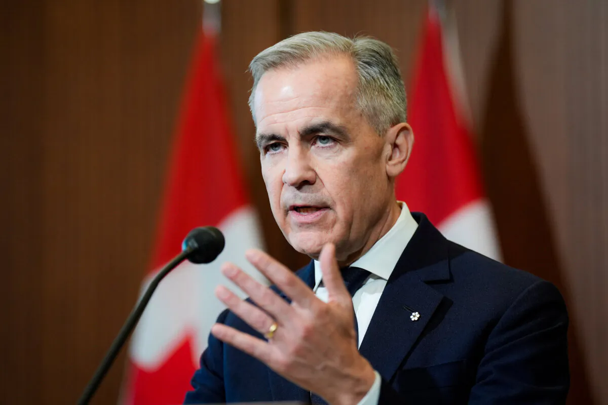 Prime Minister Mark Carney speaks about tariffs during a news conference on Parliament Hill in Ottawa on April 3, 2025.
(THE CANADIAN PRESS/Adrian Wyld)