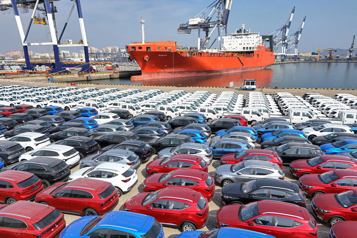 Cars for export before being loaded onto a ship at a port in Yantai, in eastern China's Shandong province on April 3, 2025. (AFP via Getty Images)