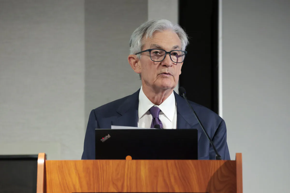 Federal Reserve Chairman Jerome Powell speaks during a Society for Advancing Business Editing and Writing Annual Conference in Arlington, Va., on April 4, 2025. (Anna Moneymaker/Getty Images)