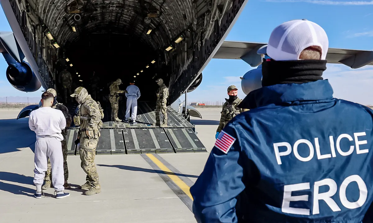 A military flight carrying illegal immigrant alleged members of the Tren de Aragua gang to Guantanamo Bay prepares to depart El Paso, Texas, on Feb. 4, 2025. (Department of Homeland Security)