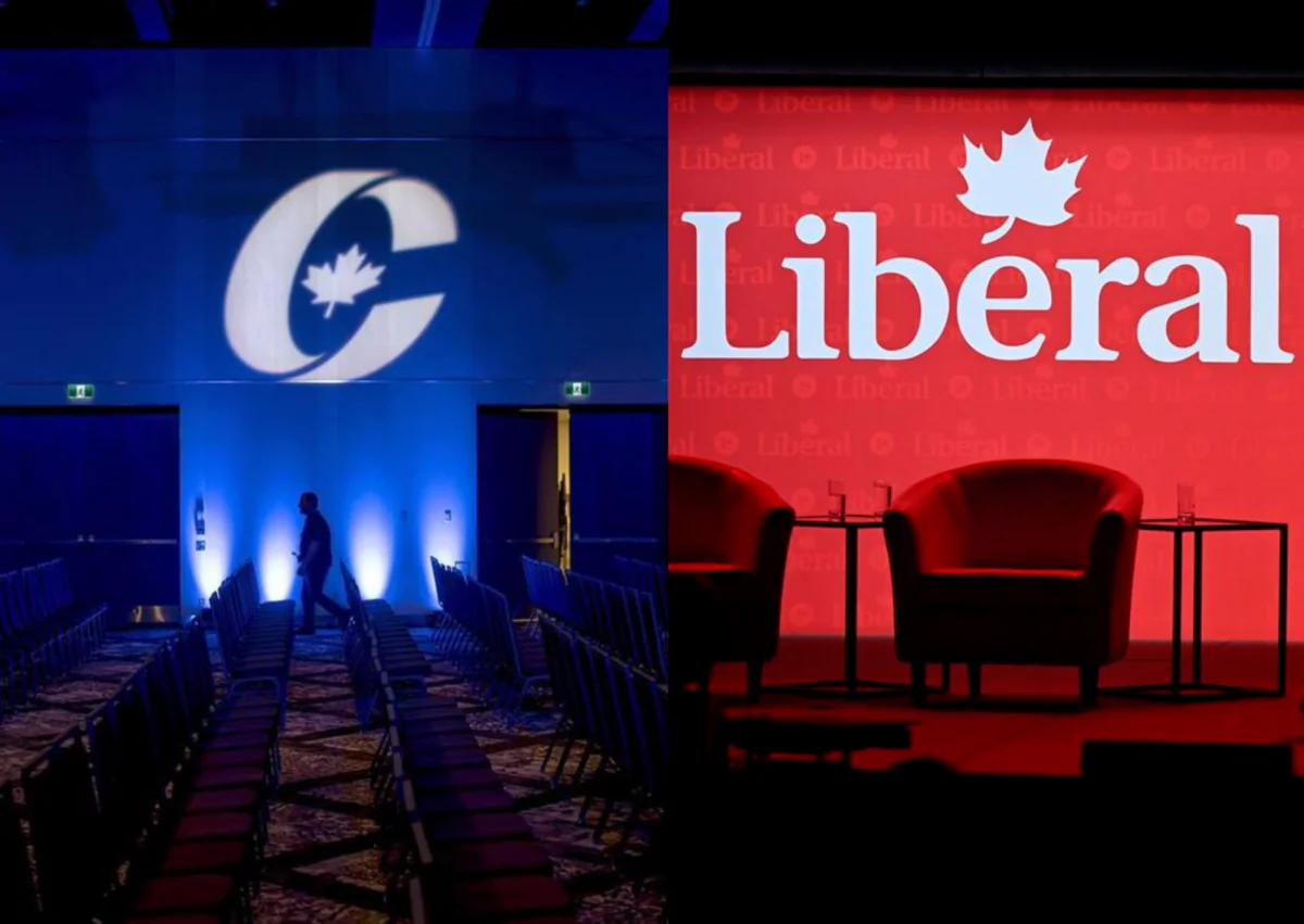 (Left) A man is silhouetted walking past a Conservative Party logo in Halifax on Aug. 23, 2018. (Right) A stagehand works on the stage in between presenters at the 2023 Liberal National Convention in Ottawa on May 4, 2023. (The Canadian Press/Darren Calabrese; Justin Tang)
