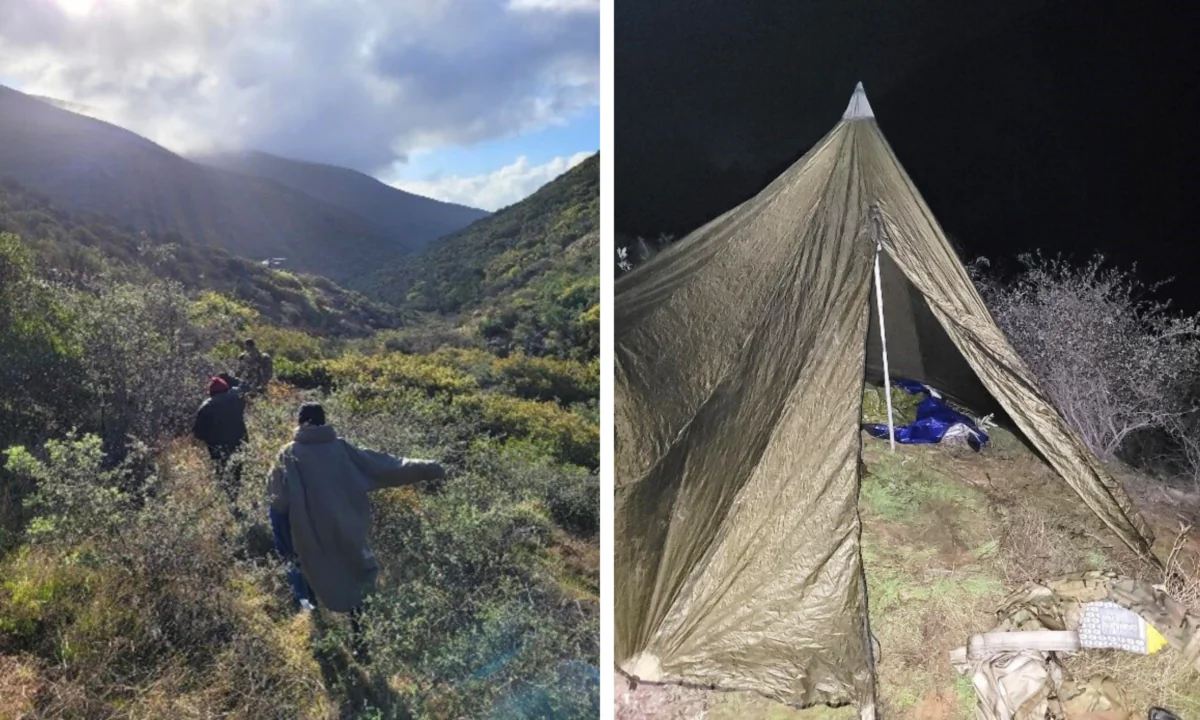 (Left) Border Patrol agents from the Chula Vista Station responded to a distress call from two women on Otay Mountain in Dulzura, Calif., on March 28, 2025. (Right) Agents erected a makeshift shelter to protect the injured women from the elements until they could be airlifted off the mountain. (U.S. Border Patrol)
